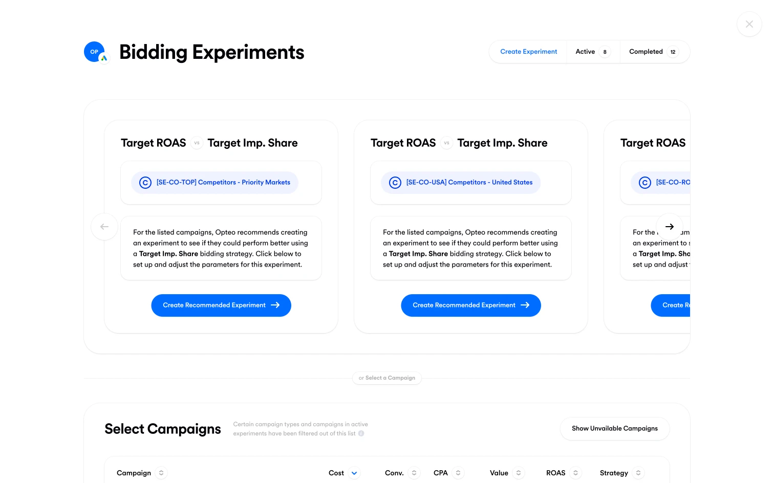 Screenshot of Bidding Experiments in Opteo