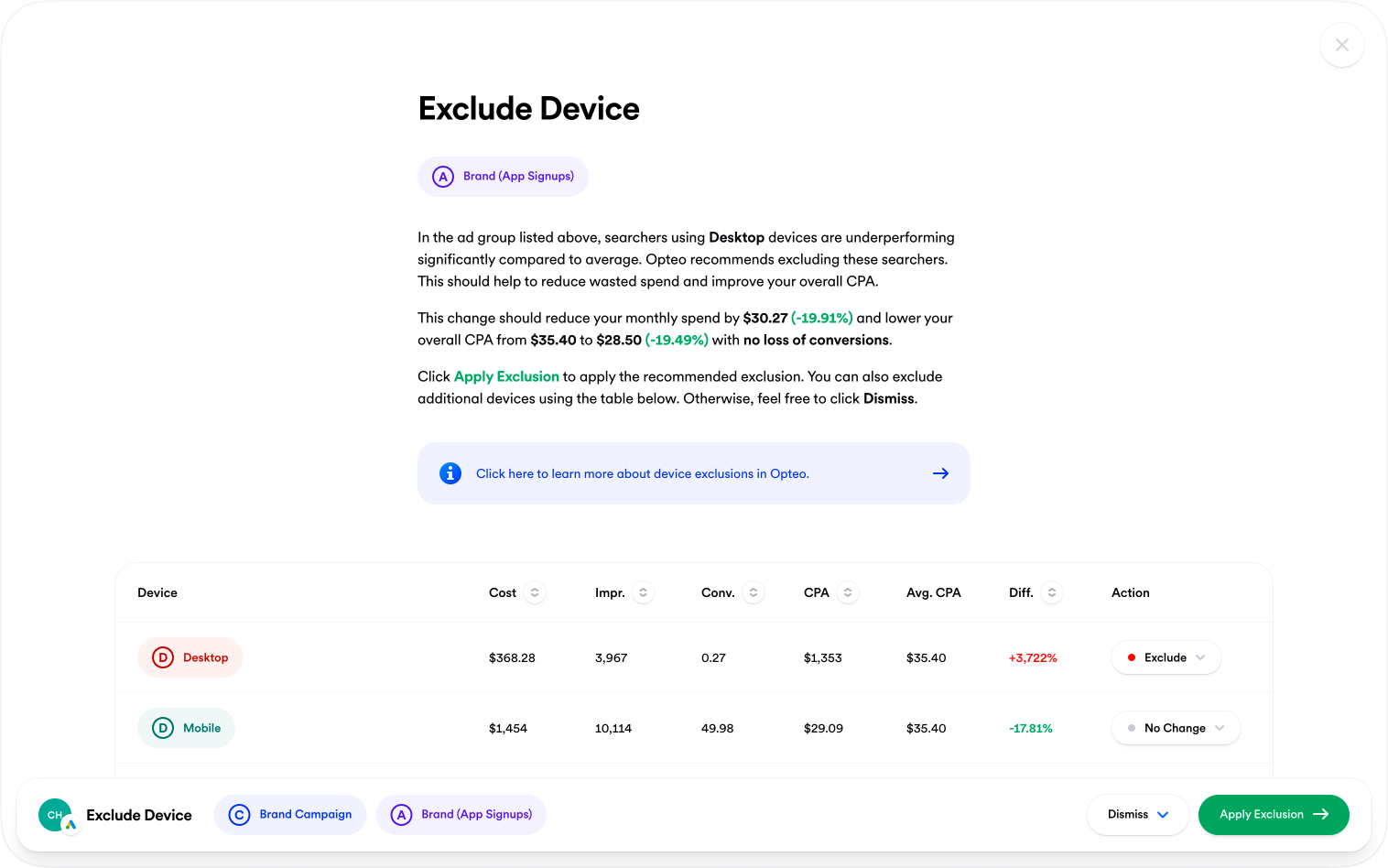 Screenshot of an Exclude Device Improvement in Opteo